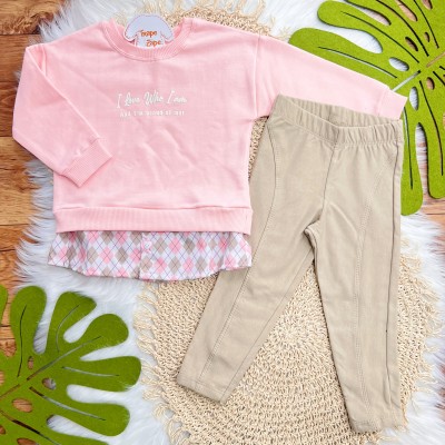 Conj. Casaco I Love Who com Losango e Calça Legging Montaria - Rosa e Areia